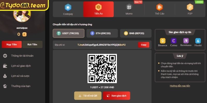 Lưu ý cần biết khi nạp tiền Tydo88