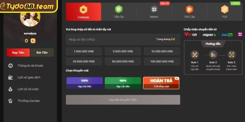 Gửi vốn vào Tydo88 qua chuyển khoản ngân hàng
