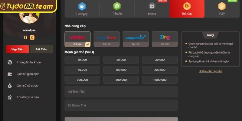 Nạp bằng thẻ cào điện thoại